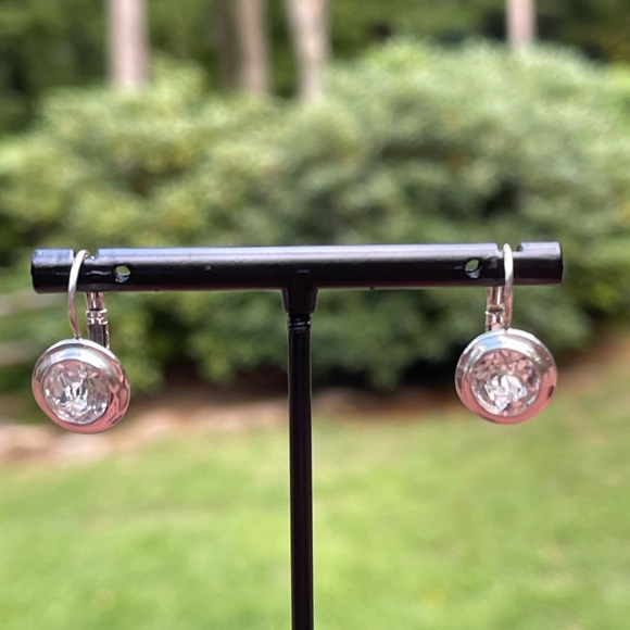 Solid Sterling Silver (.925) and Bezel Set Crystal Leverback Earrings - Picture 2 of 6